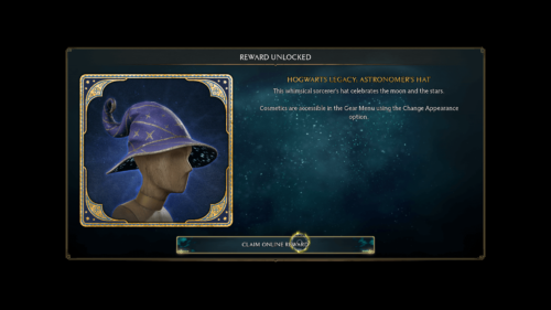 Reward screenshot of Hogwarts Legacy video game interface.