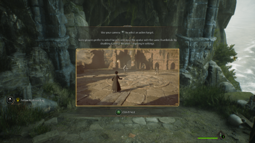 Tutorial screenshot of Hogwarts Legacy video game interface.