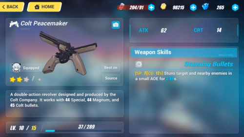 Colt Peacemaker screenshot of Honkai Impact 3rd video game interface.