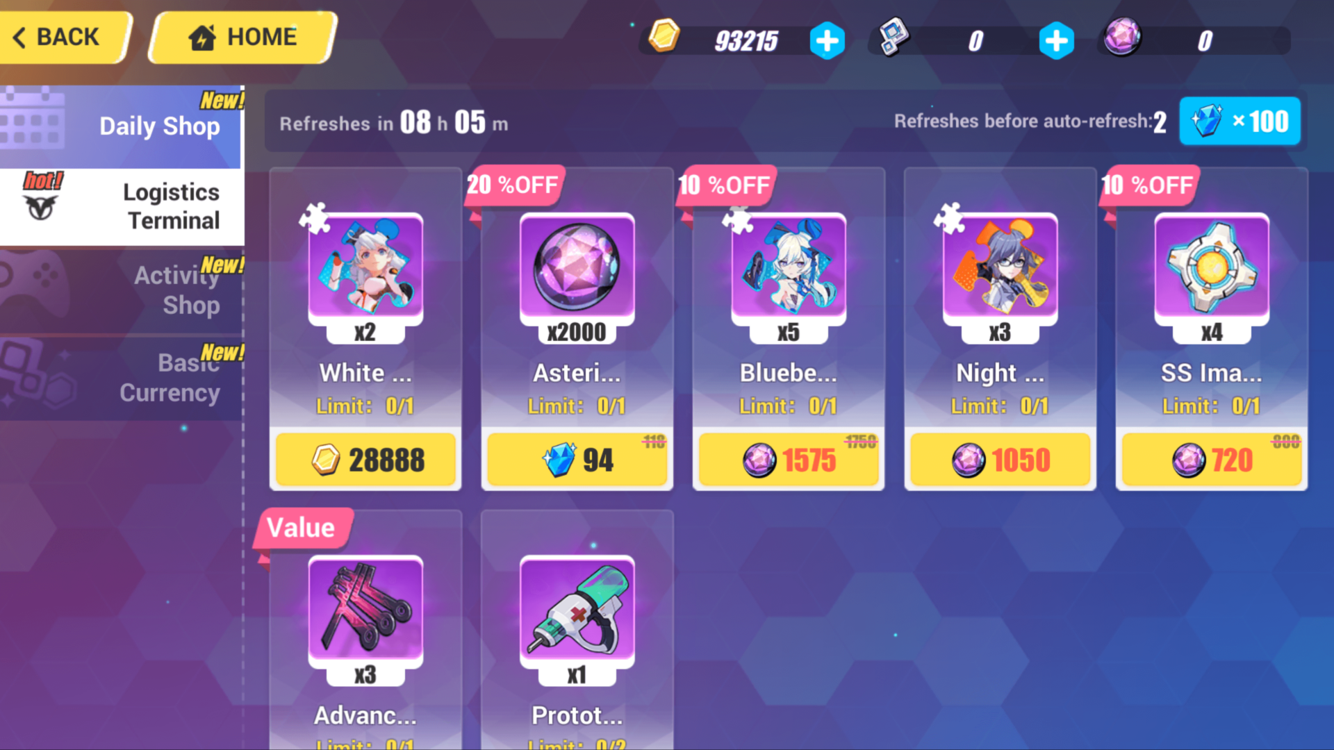 Daily Shop screenshot of Honkai Impact 3rd video game interface.