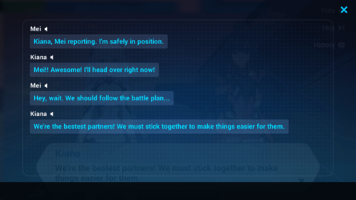 Dialogue history screenshot of Honkai Impact 3rd video game interface.