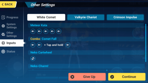 Inputs screenshot of Honkai Impact 3rd video game interface.