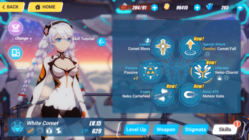 Skills screenshot of Honkai Impact 3rd video game interface.