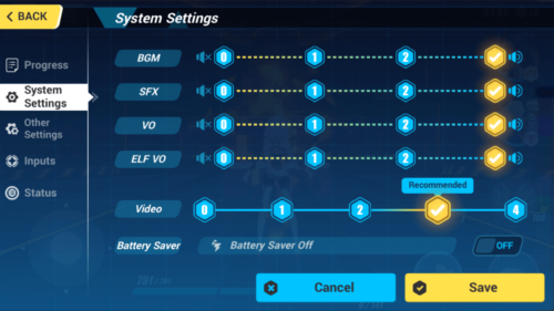 System Settings screenshot of Honkai Impact 3rd video game interface.