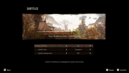 Subtitles screenshot of Horizon Forbidden West video game interface.