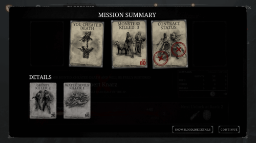 Mission summary screenshot of Hunt: Showdown video game interface.