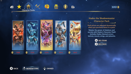 Character Packs screenshot of Immortals Fenyx Rising video game interface.