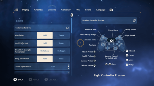 Controls screenshot of Immortals Fenyx Rising video game interface.