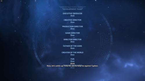 Credits screenshot of Immortals Fenyx Rising video game interface.