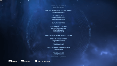 Credits screenshot of Immortals Fenyx Rising video game interface.