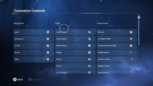 Customize Controls screenshot of Immortals Fenyx Rising video game interface.