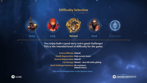 Difficulty Selection Details screenshot of Immortals Fenyx Rising video game interface.