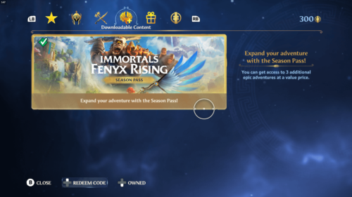 Downloadable Content screenshot of Immortals Fenyx Rising video game interface.