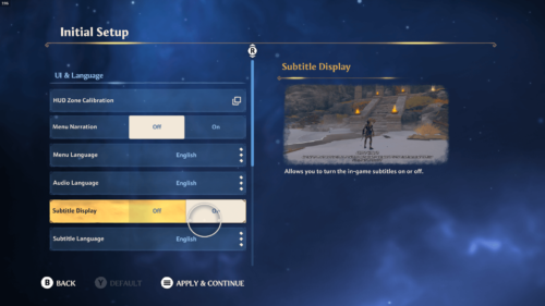 Initial Setup screenshot of Immortals Fenyx Rising video game interface.