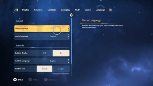 Language screenshot of Immortals Fenyx Rising video game interface.