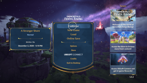Main Menu Continue screenshot of Immortals Fenyx Rising video game interface.