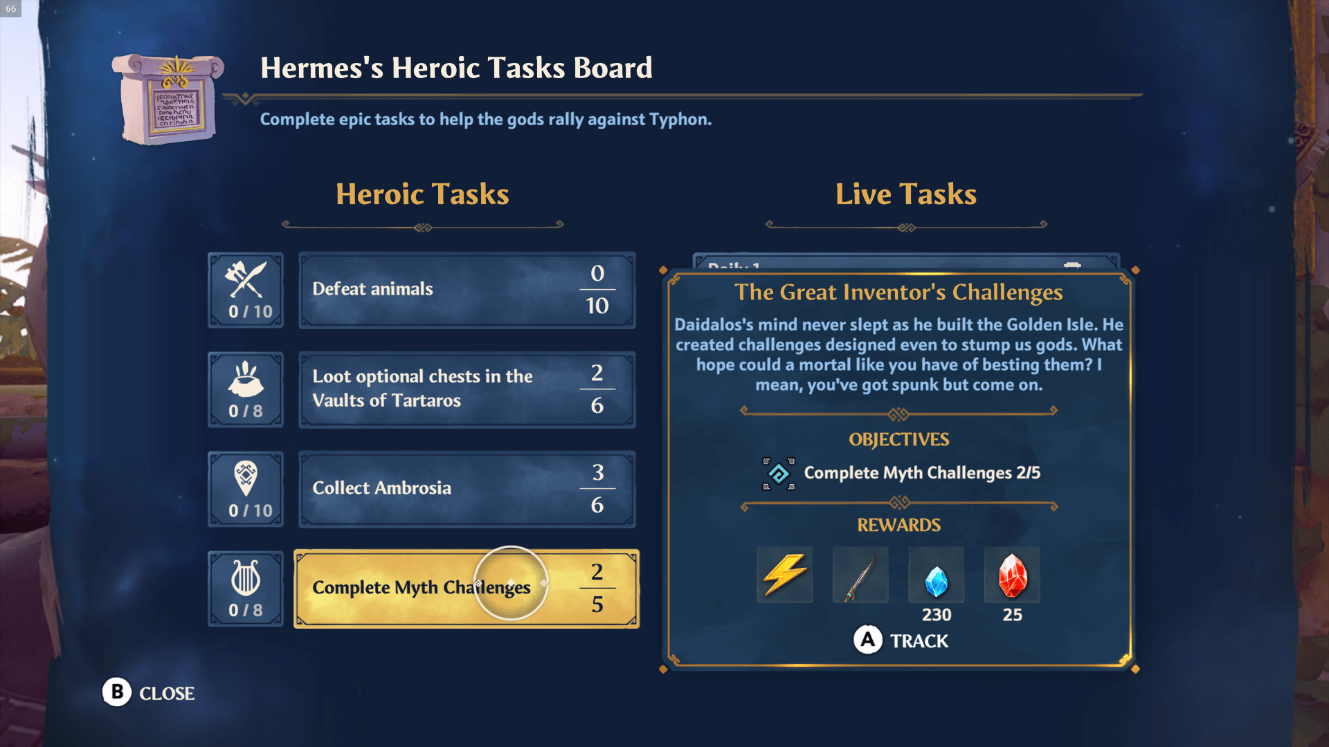 Quest screenshot of Immortals Fenyx Rising video game interface.