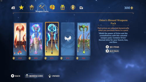 Weapon Packs screenshot of Immortals Fenyx Rising video game interface.