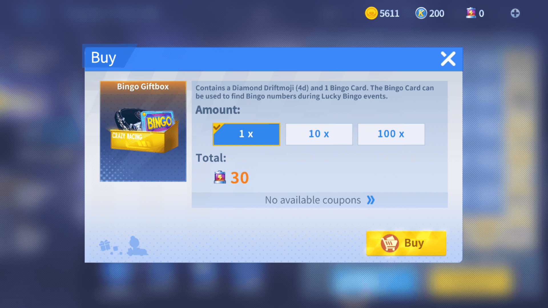 Buy Bingo Giftbox screenshot of KartRider Rush+ video game interface.