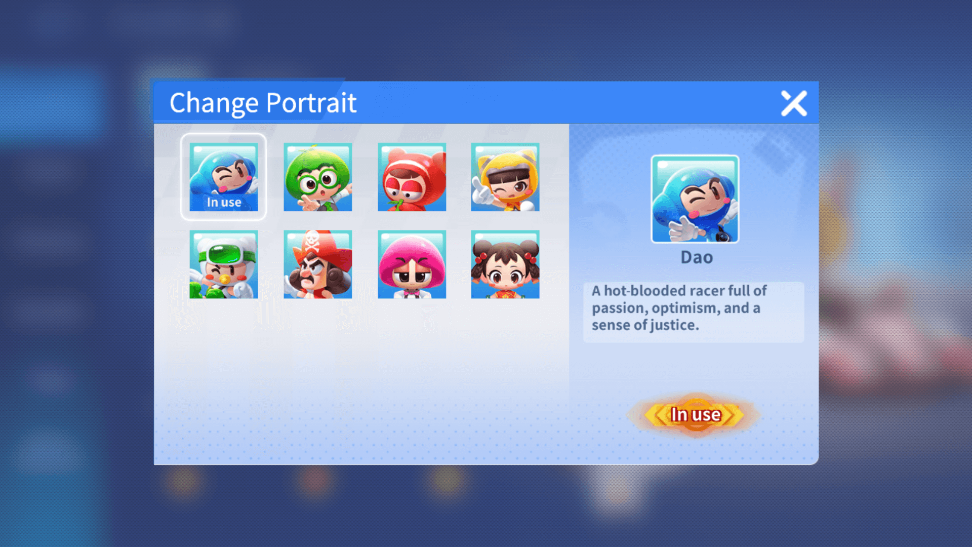 Change Portrait screenshot of KartRider Rush+ video game interface.