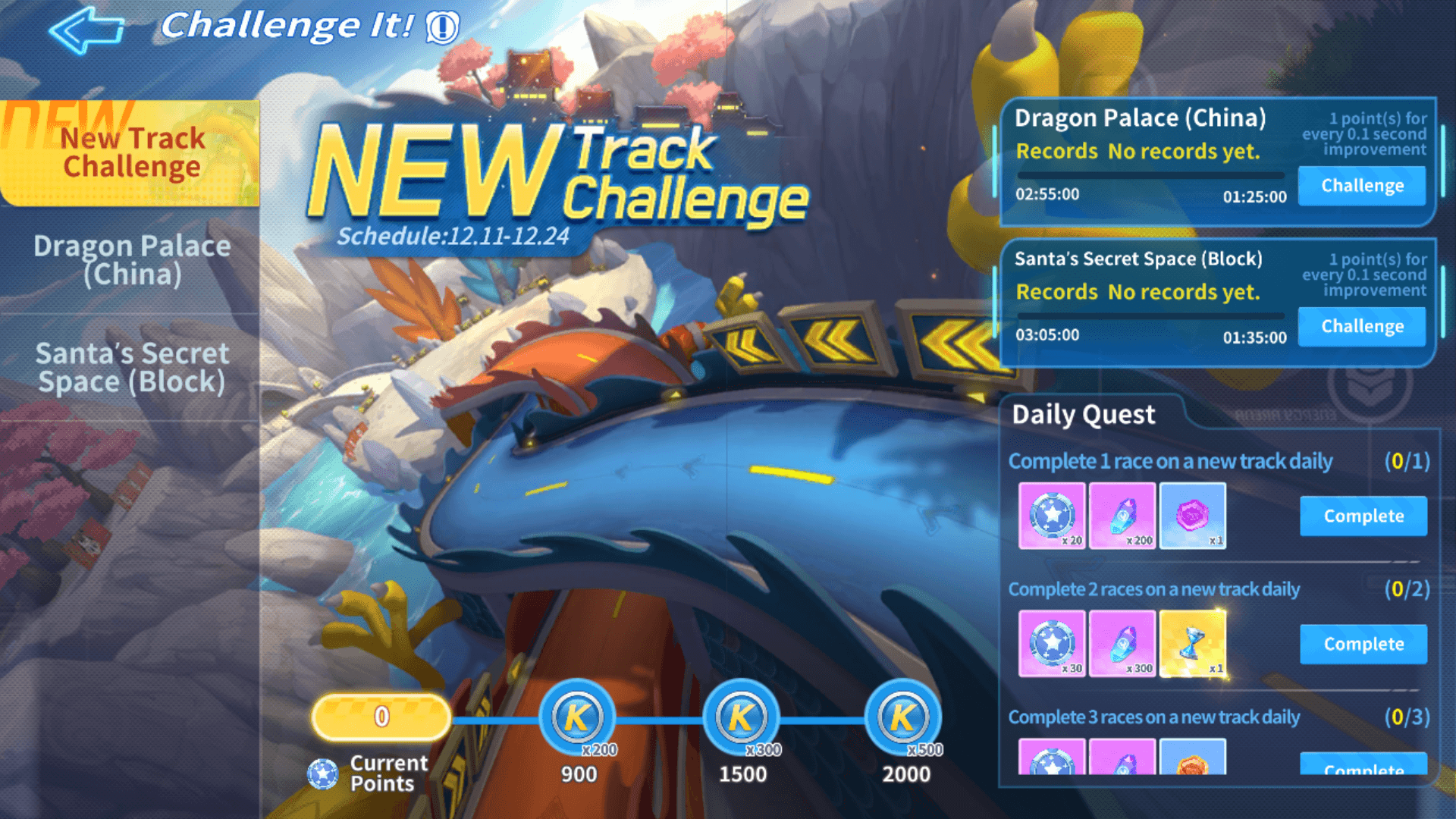 New Track Challenge screenshot of KartRider Rush+ video game interface.