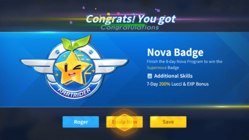 Nova Badge screenshot of KartRider Rush+ video game interface.