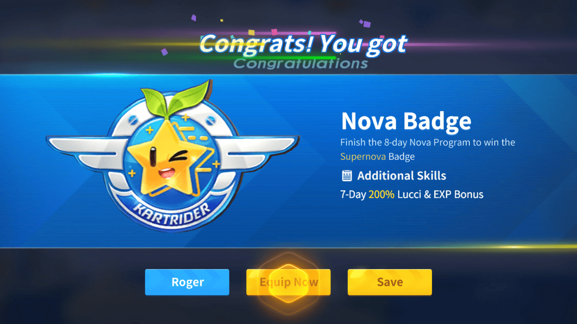 Nova Badge screenshot of KartRider Rush+ video game interface.