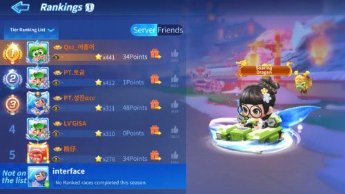 Rankings screenshot of KartRider Rush+ video game interface.