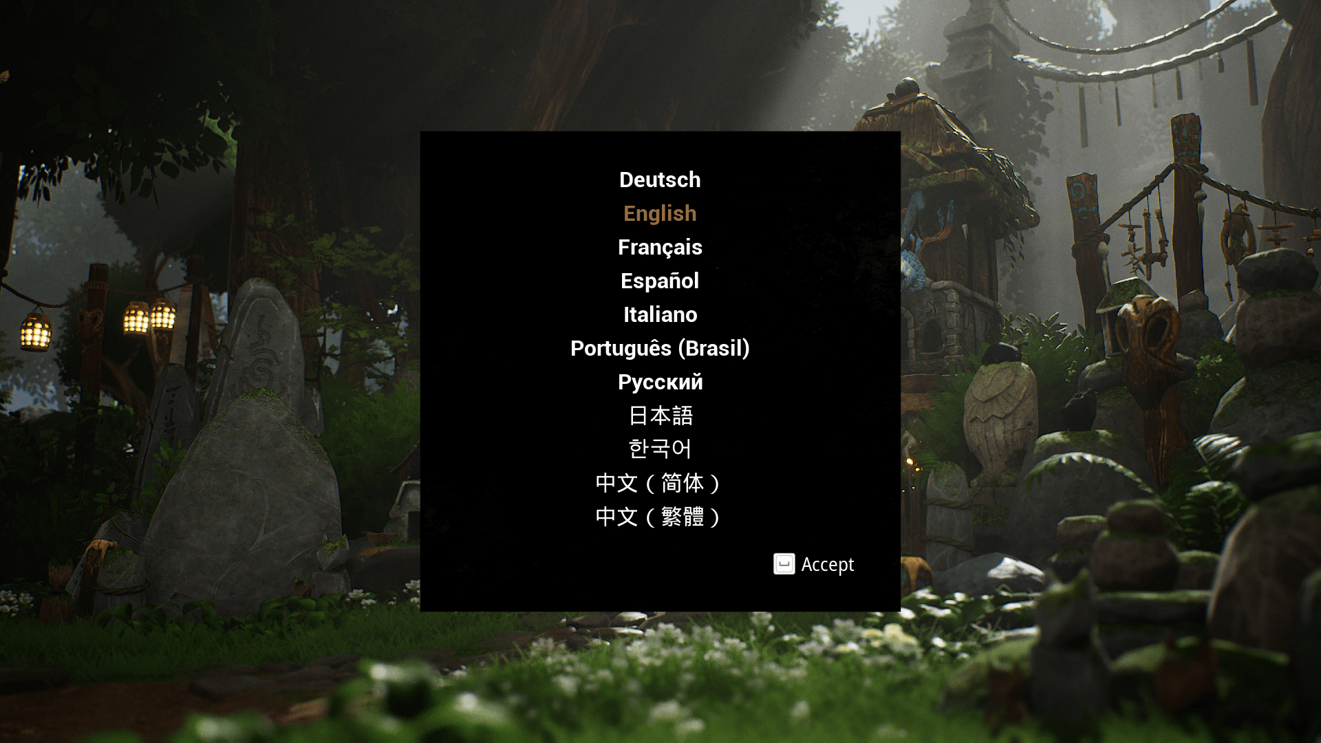 Language screenshot of Kena: Bridge of Spirits video game interface.