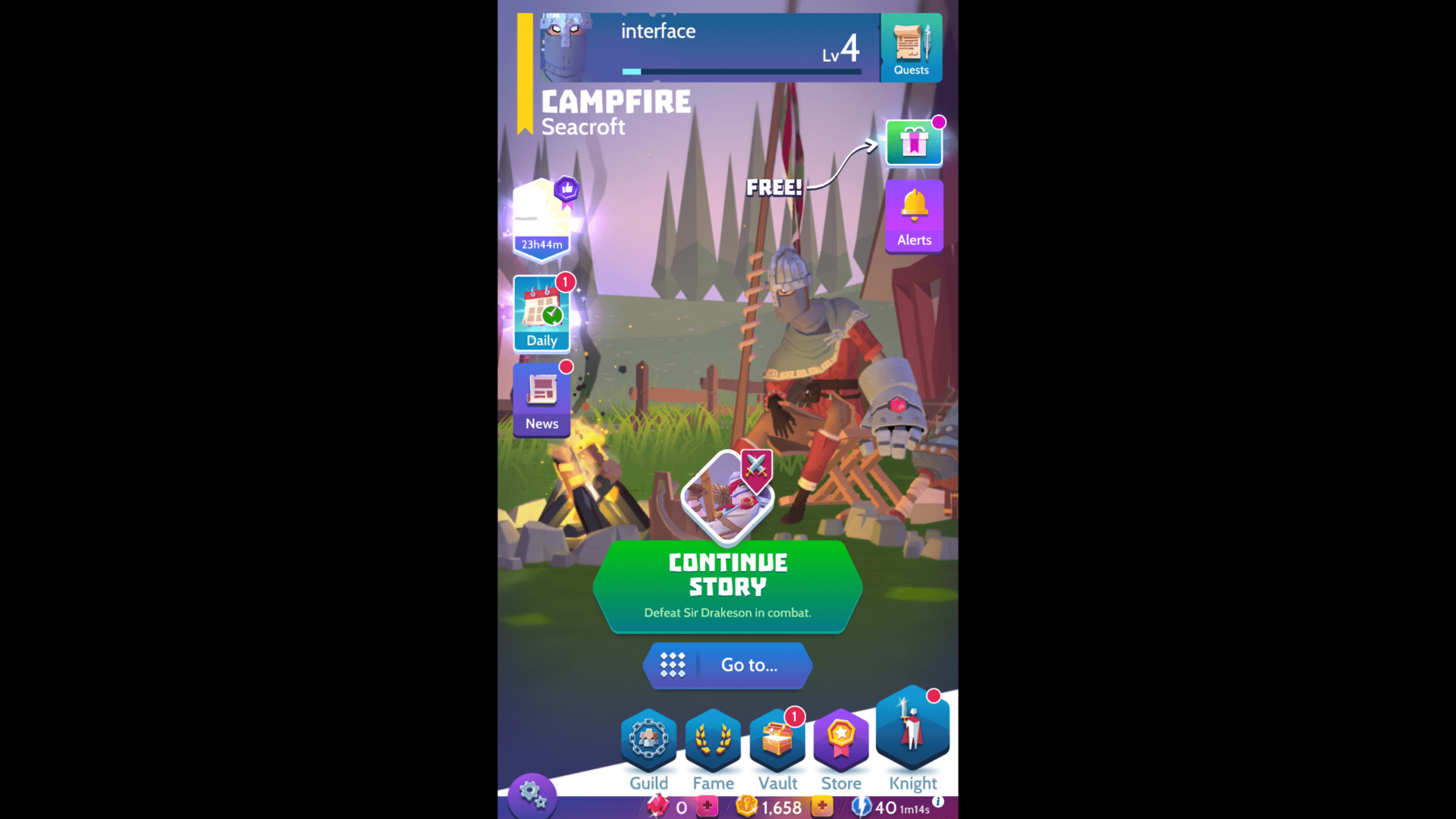 Main menu screenshot of Knighthood video game interface.
