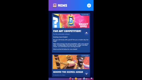 News screenshot of Knighthood video game interface.