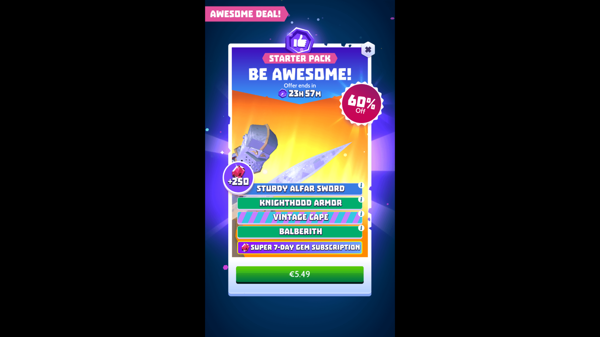 Starter pack screenshot of Knighthood video game interface.