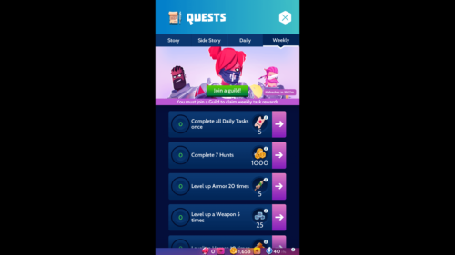 Weekly quests screenshot of Knighthood video game interface.
