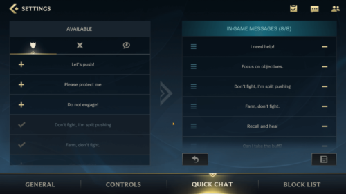 Quick chat screenshot of League of Legends: Wild Rift video game interface.