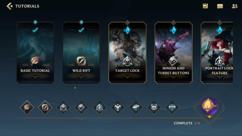 Tutorials screenshot of League of Legends: Wild Rift video game interface.