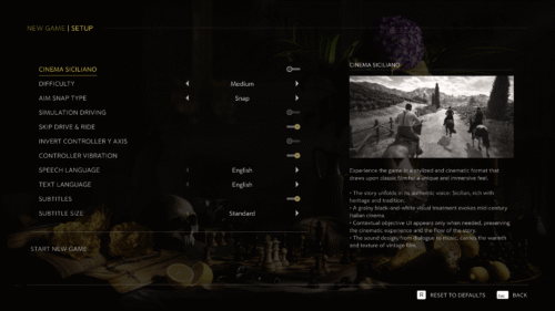 Game Setup screenshot of Mafia: The Old Country video game interface.