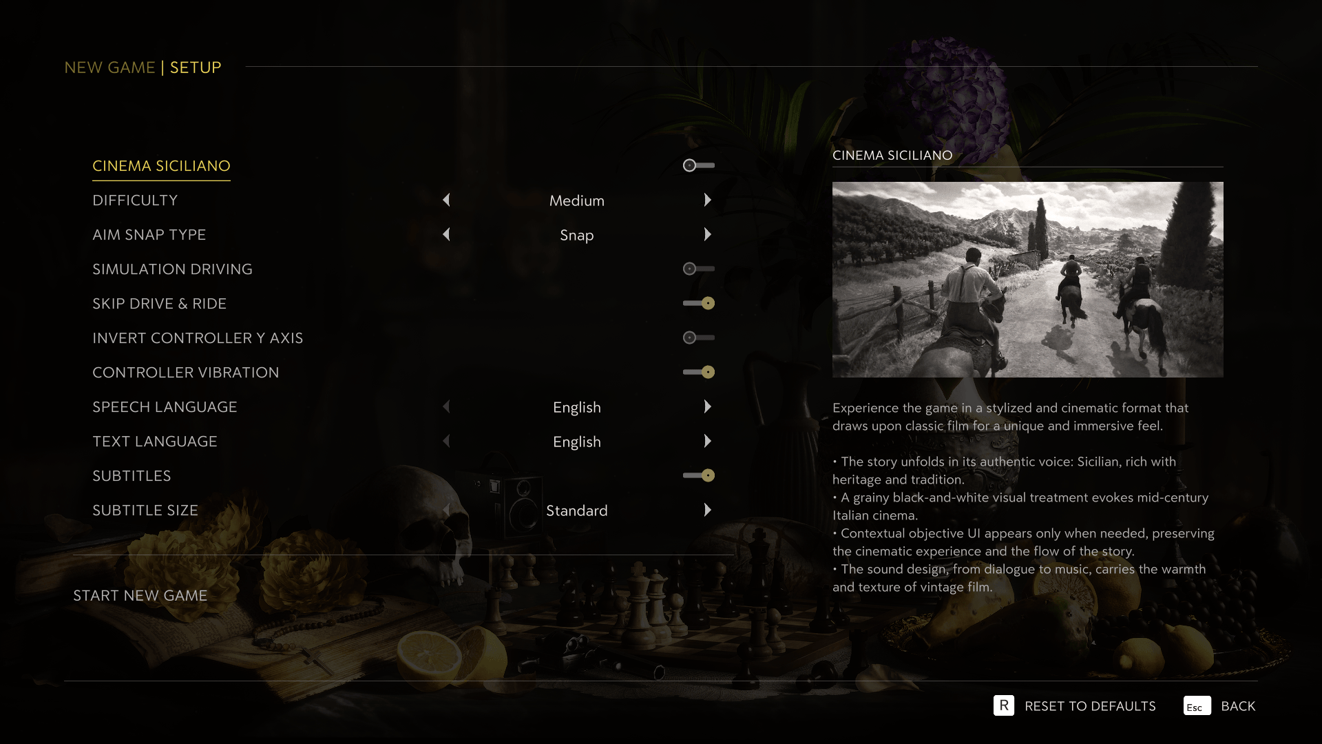 Game Setup screenshot of Mafia: The Old Country video game interface.