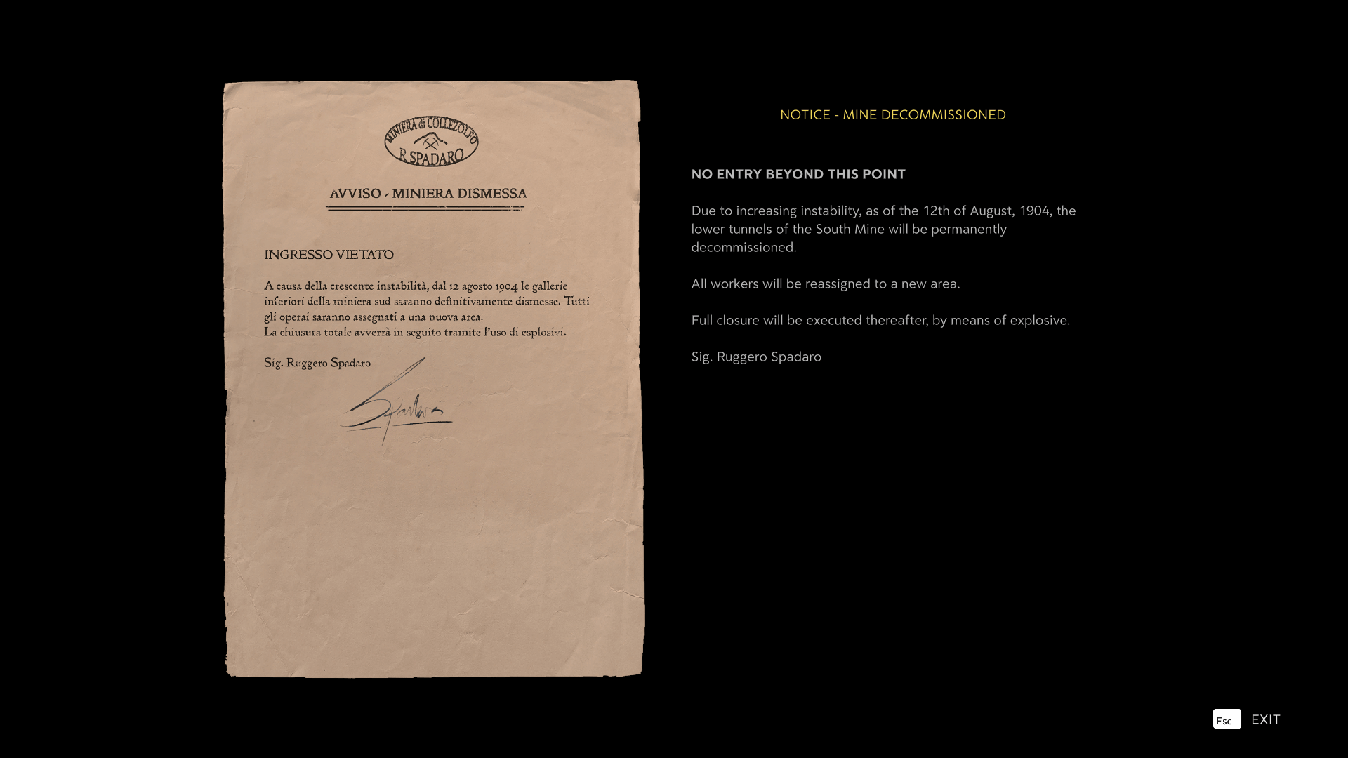 Note screenshot of Mafia: The Old Country video game interface.
