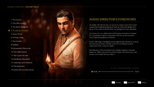 Soundtrack screenshot of Mafia: The Old Country video game interface.