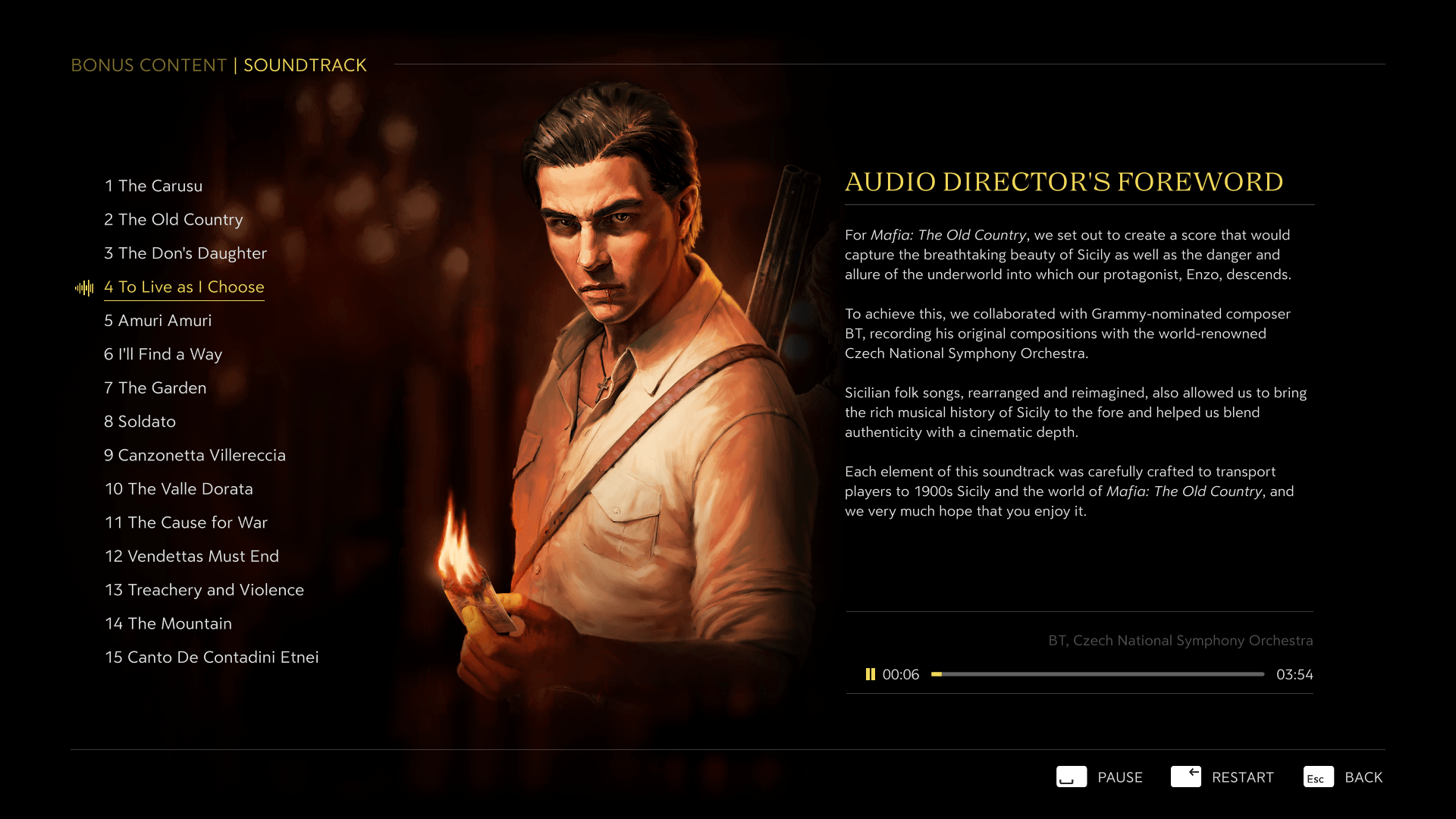 Soundtrack screenshot of Mafia: The Old Country video game interface.
