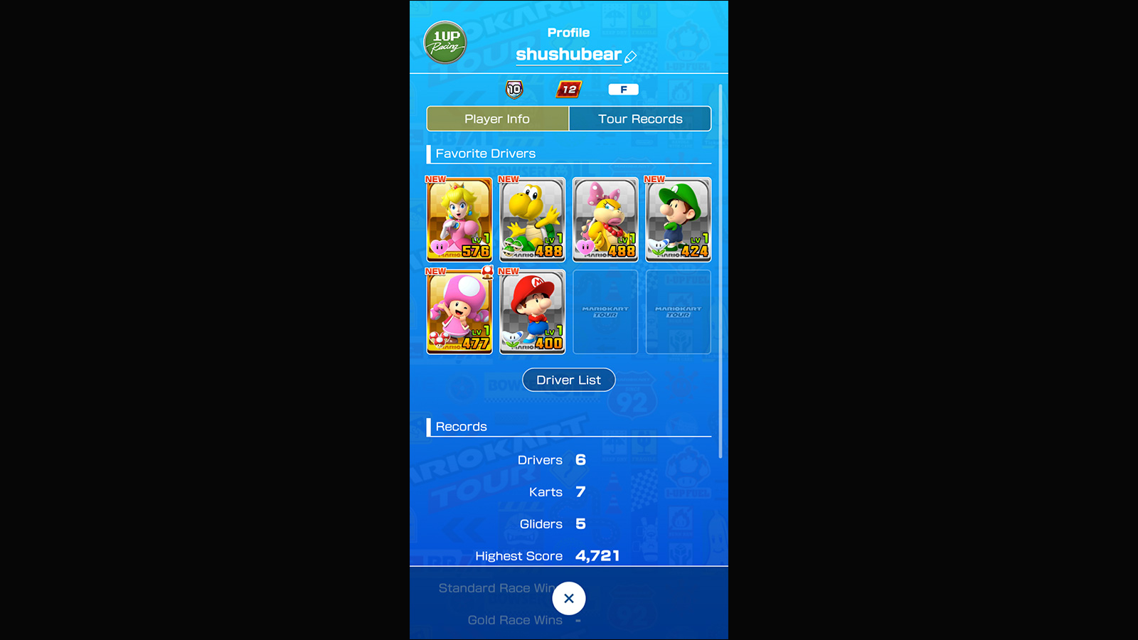 Player Profile screenshot of Mario Kart Tour video game interface.