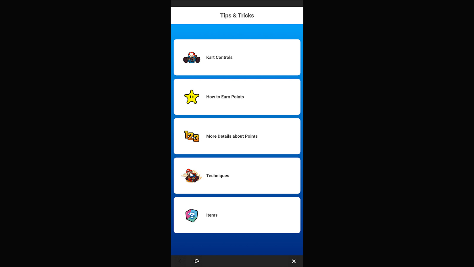 Tips and Tricks screenshot of Mario Kart Tour video game interface.