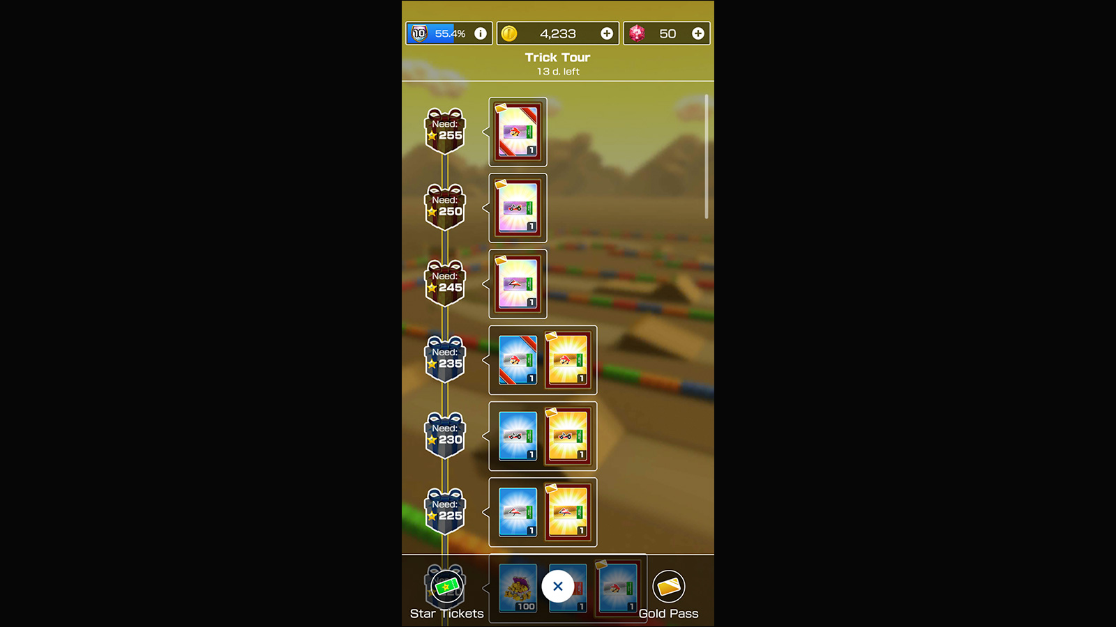 Trick Tour Reward List screenshot of Mario Kart Tour video game interface.