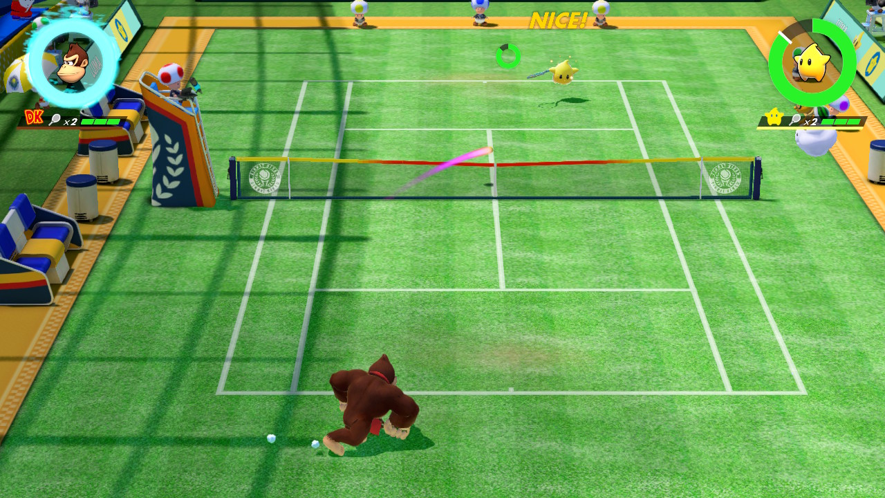 Shot screenshot of Mario Tennis Aces video game interface.