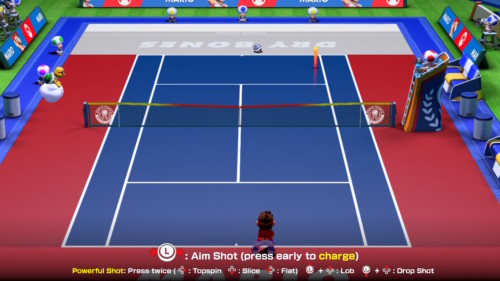 Tutorial screenshot of Mario Tennis Aces video game interface.