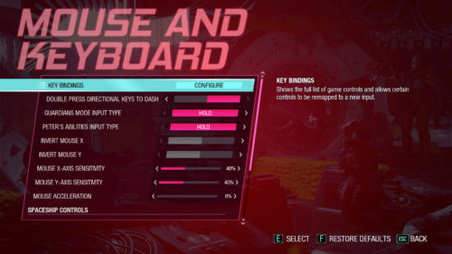 Controls screenshot of Marvel’s Guardians of the Galaxy video game interface.