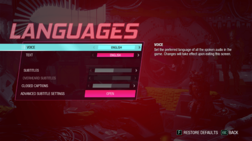 Languages screenshot of Marvel’s Guardians of the Galaxy video game interface.