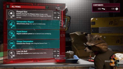 Perks screenshot of Marvel’s Guardians of the Galaxy video game interface.
