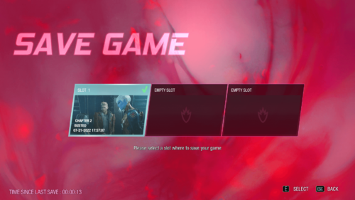 Save Game screenshot of Marvel’s Guardians of the Galaxy video game interface.