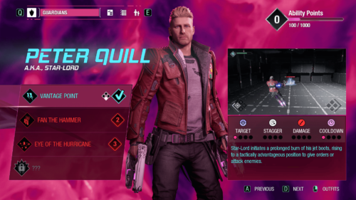 Skill Tree screenshot of Marvel’s Guardians of the Galaxy video game interface.